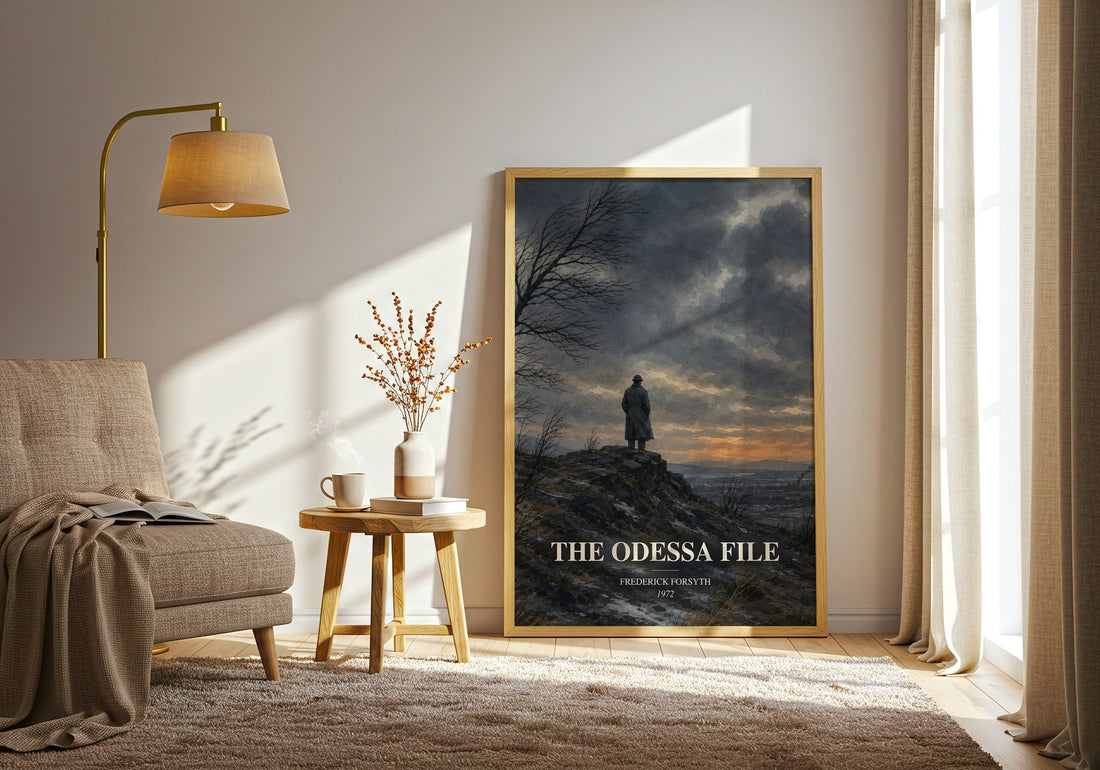 The Odessa File watercolour print in frame leaning in hallway – thriller wall art (mockup)