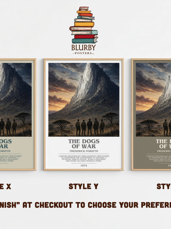 The Dogs of War bookish print in frame leaning in hallway – thriller wall art