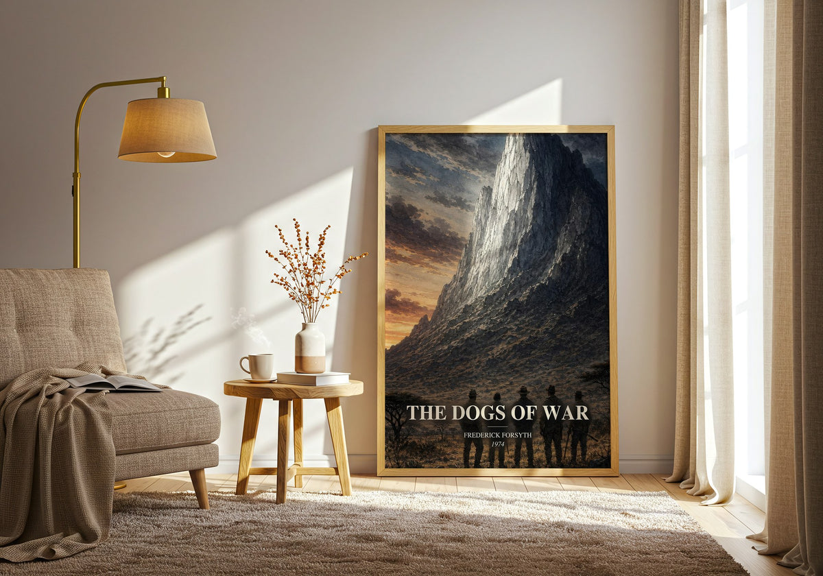 The Dogs of War watercolour print in frame leaning in hallway – thriller wall art (mockup)