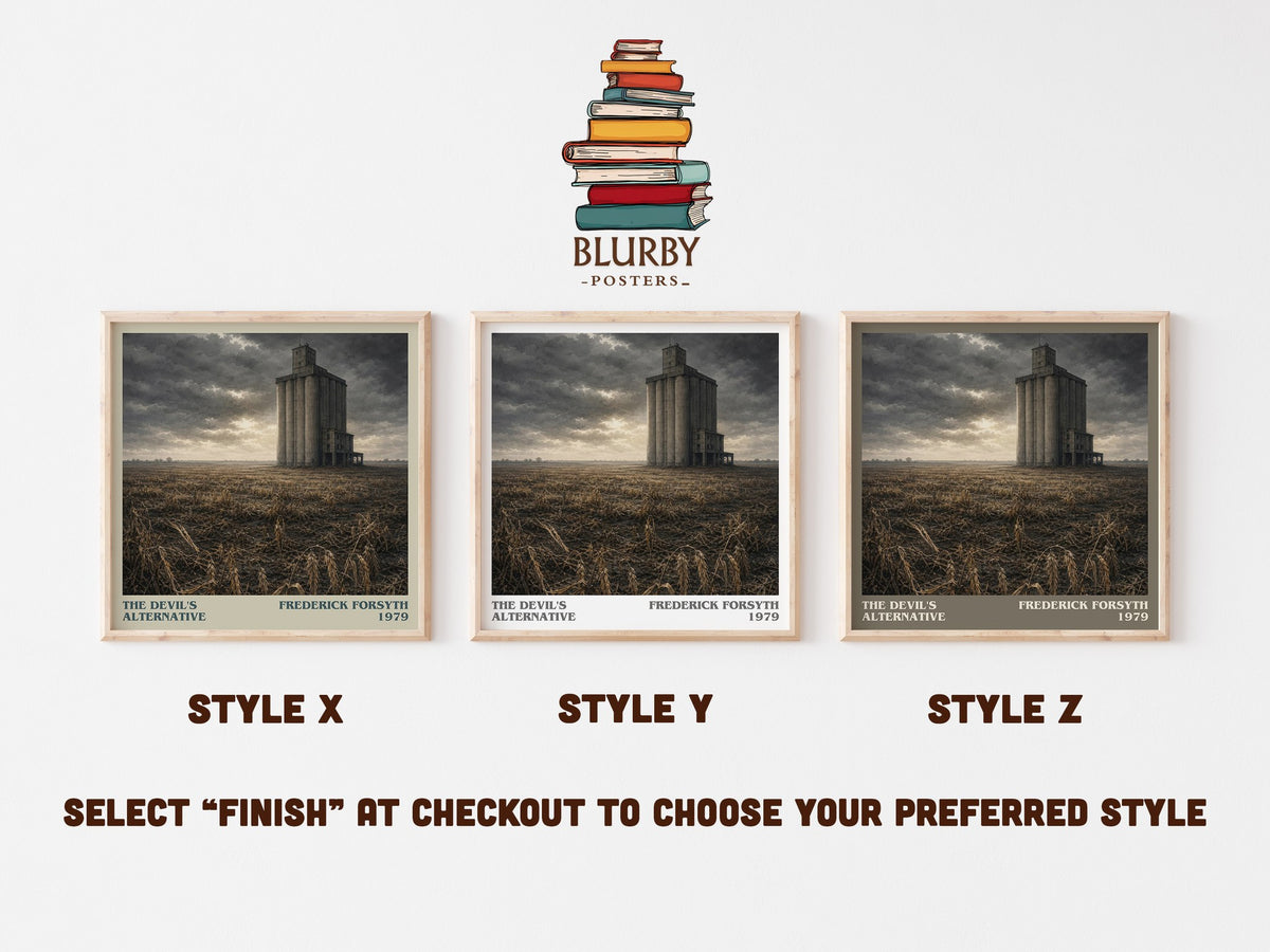 The Devil's Alternative literary print in frame leaning in hallway – thriller wall art (mockup)