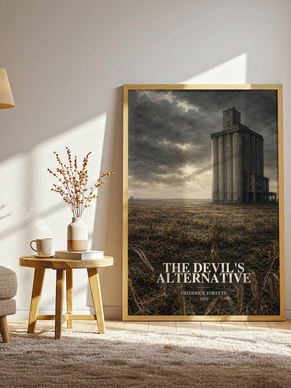 The Devil's Alternative watercolour print in frame leaning in hallway – thriller wall art