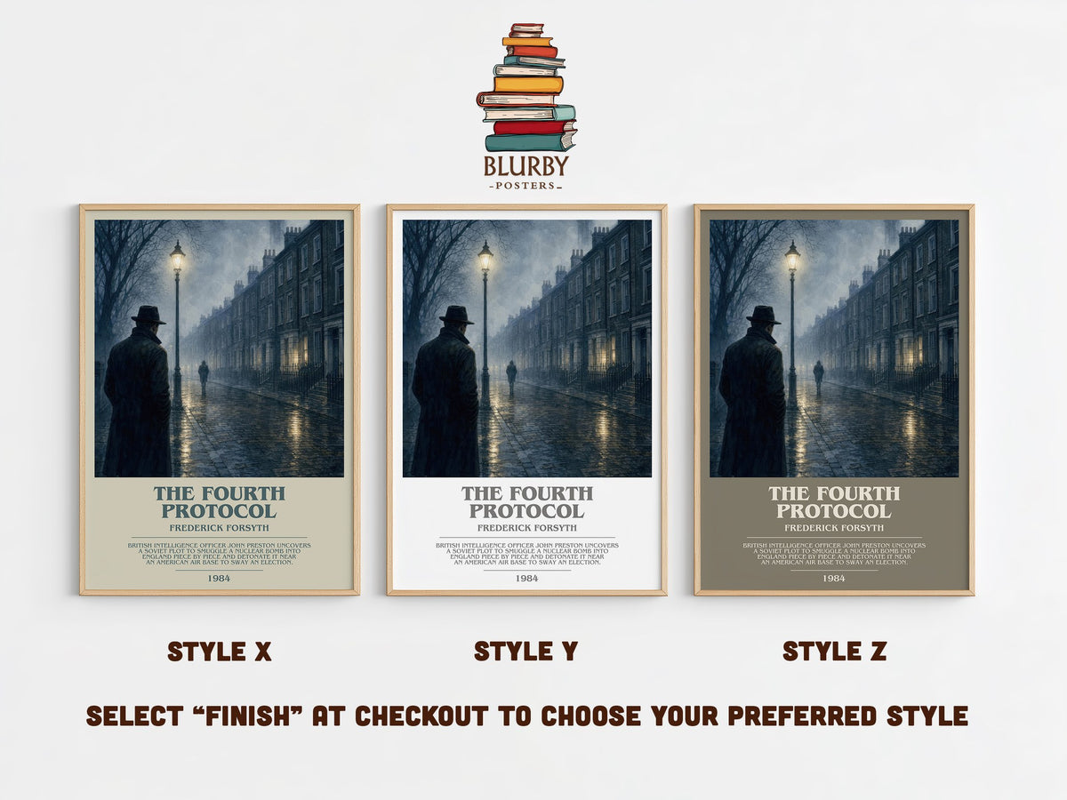 The Fourth Protocol bookish print in frame leaning in hallway – thriller wall art (mockup)