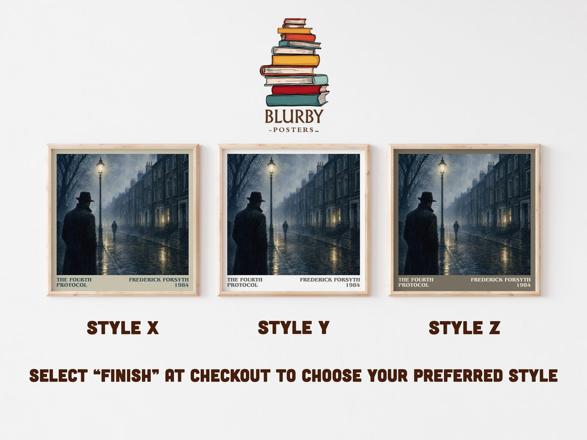 The Fourth Protocol literary print in frame leaning in hallway – thriller wall art (mockup)