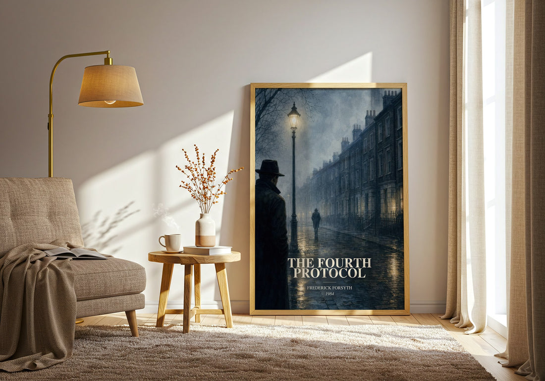 The Fourth Protocol watercolour print in frame leaning in hallway – thriller wall art (mockup)
