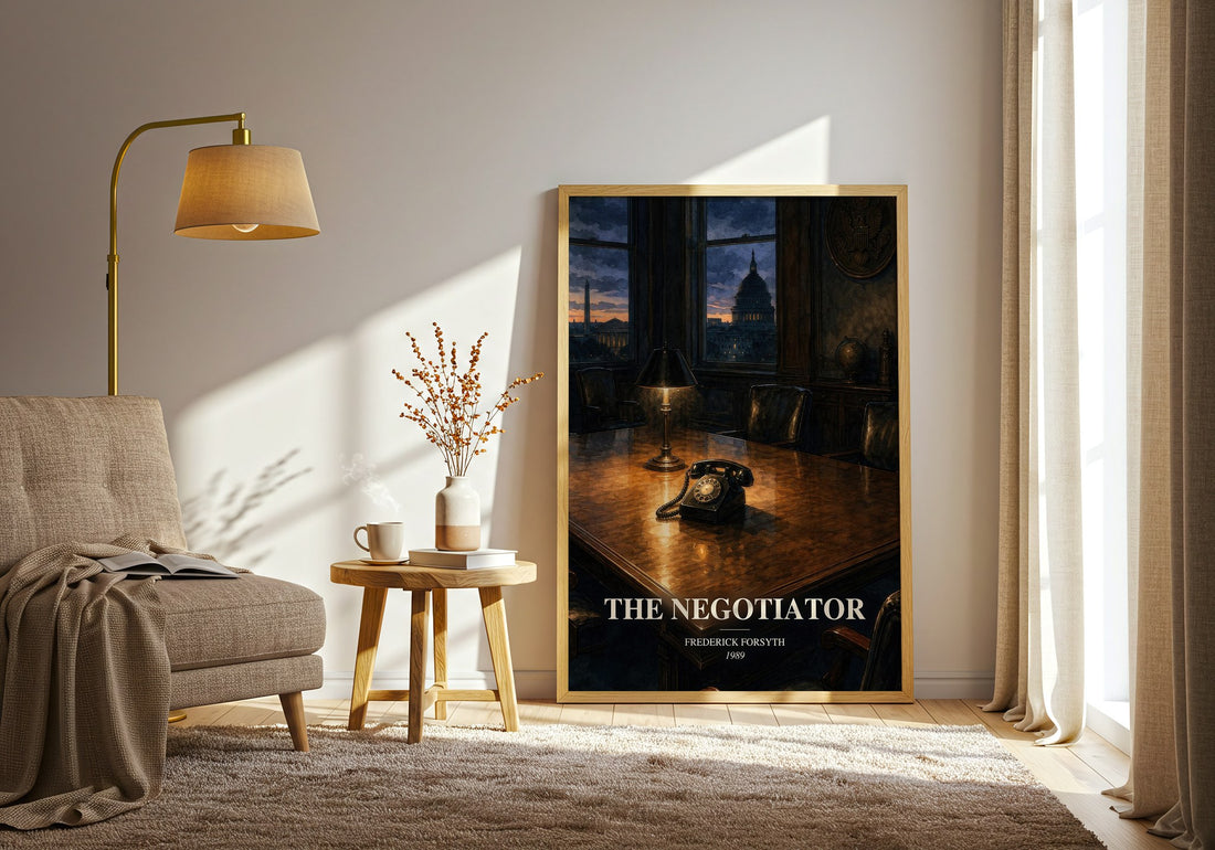 The Negotiator watercolour print in frame leaning in hallway – thriller wall art (mockup)