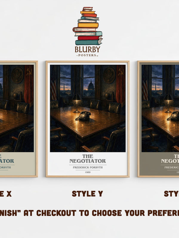 The Negotiator book cover print in frame leaning in hallway – thriller wall art