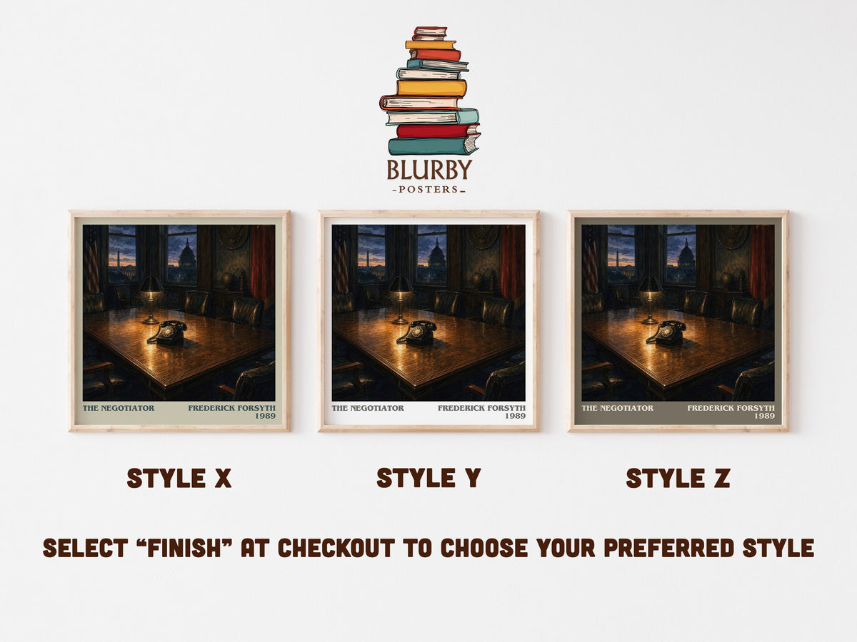 The Negotiator literary print in frame leaning in hallway – thriller wall art (mockup)
