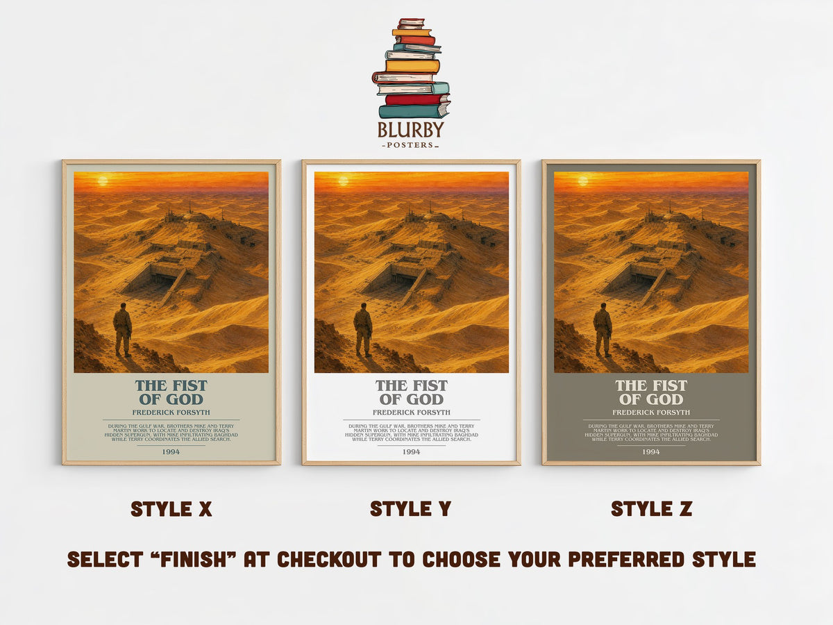 The Fist of God bookish print in frame leaning in hallway – thriller wall art (mockup)
