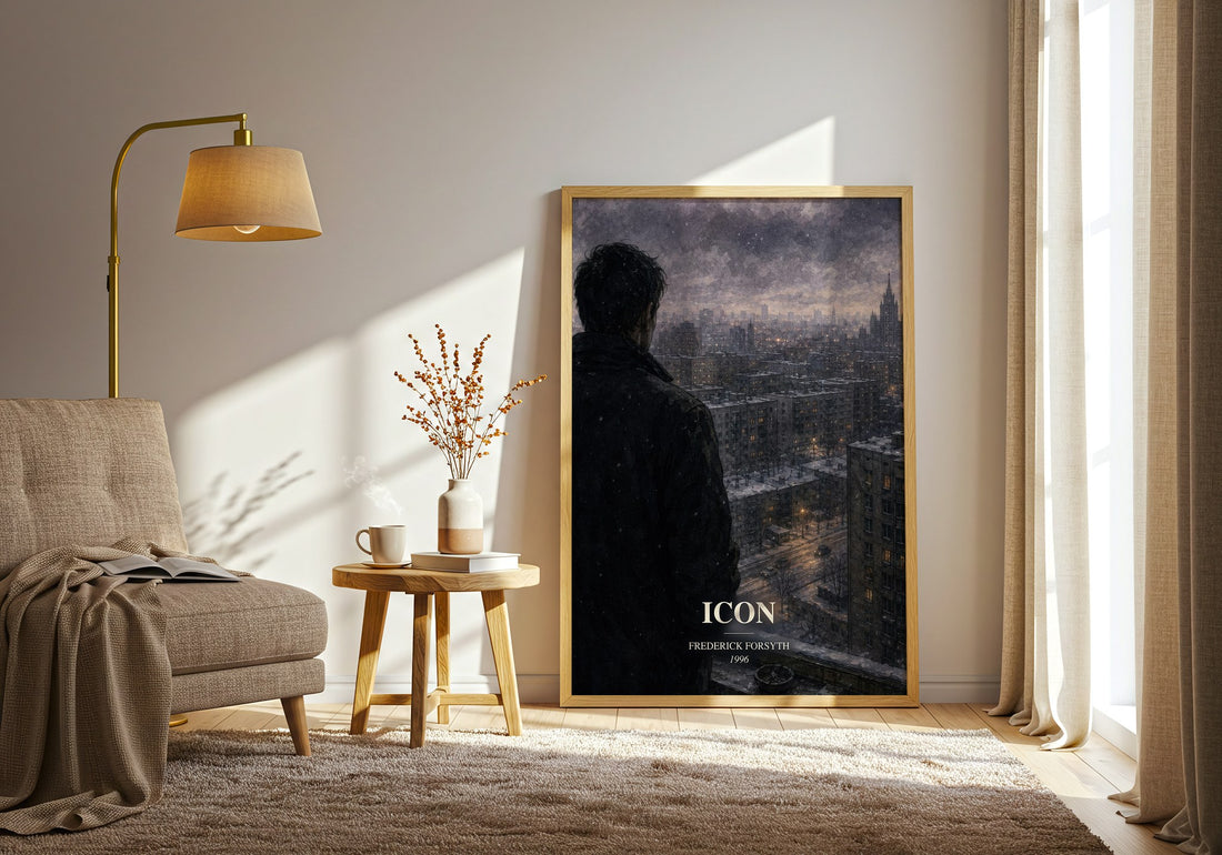 Icon watercolour print in frame leaning in hallway – thriller wall art (mockup)