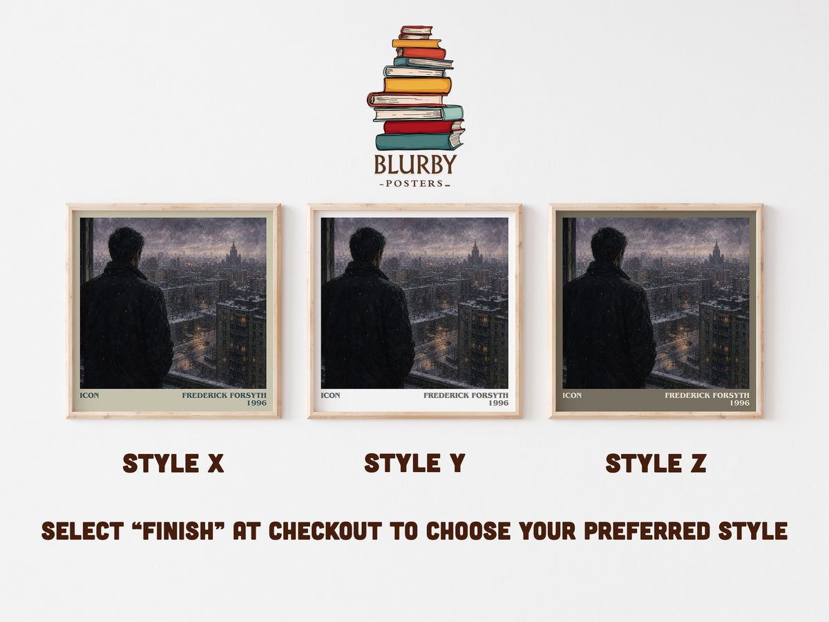 Icon literary print in frame leaning in hallway – thriller wall art (mockup)