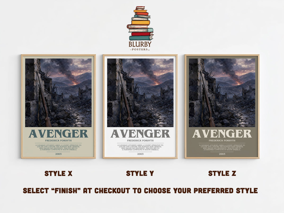 Avenger bookish print in frame leaning in hallway – thriller wall art (mockup)