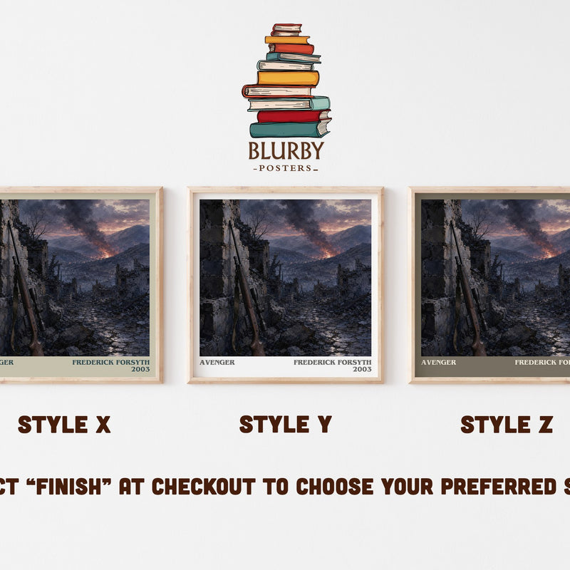 Avenger literary print in frame leaning in hallway – thriller wall art