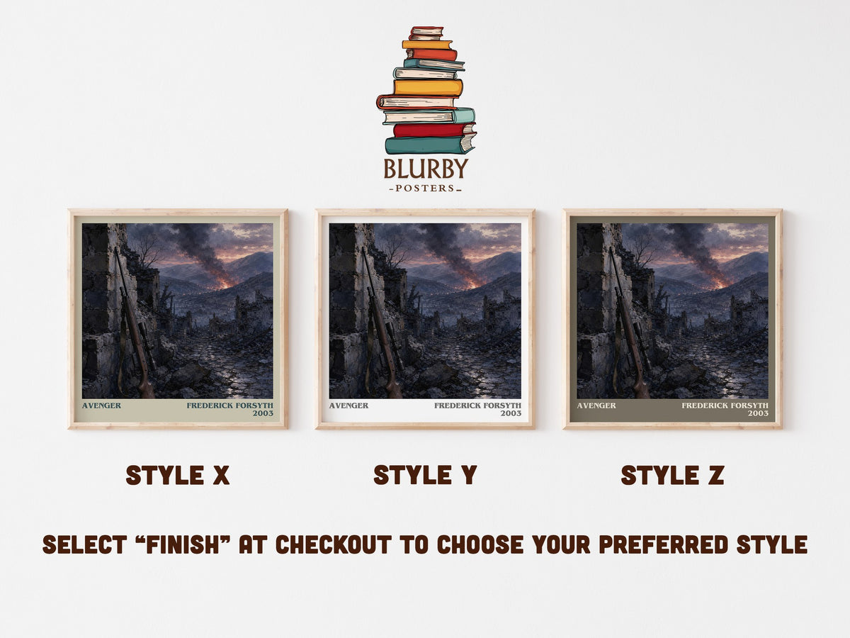 Avenger literary print in frame leaning in hallway – thriller wall art (mockup)