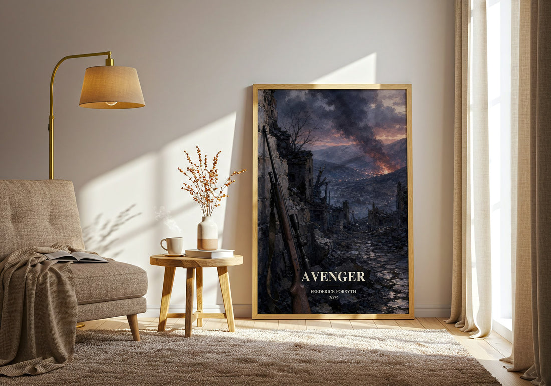 Avenger watercolour print in frame leaning in hallway – thriller wall art (mockup)