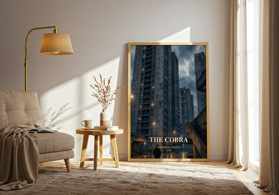 The Cobra watercolour print in frame leaning in hallway – thriller wall art (mockup)