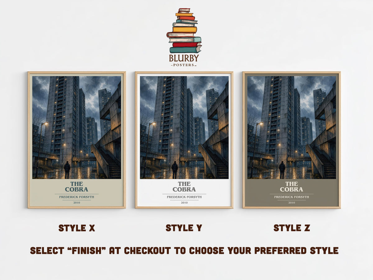 The Cobra book cover print in frame leaning in hallway – thriller wall art (mockup)
