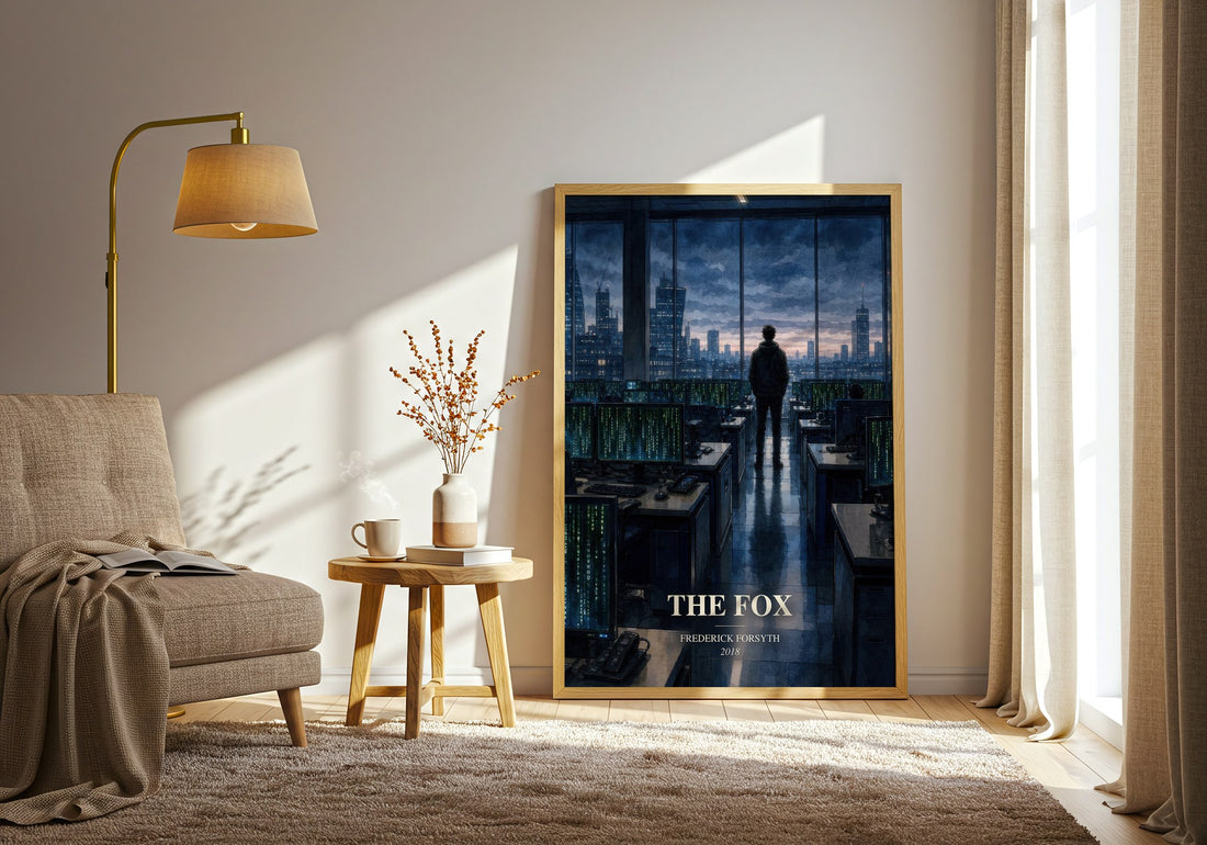 The Fox watercolour print in frame leaning in hallway – thriller wall art (mockup)