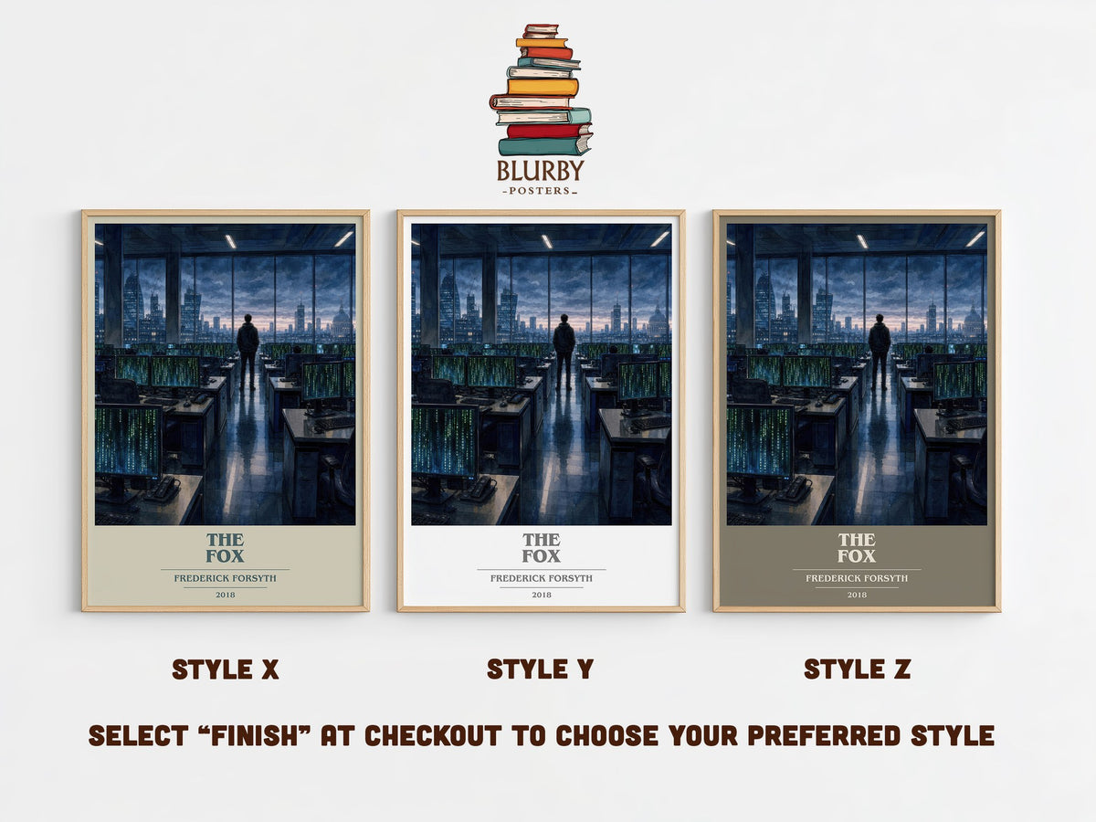The Fox book cover print in frame leaning in hallway – thriller wall art (mockup)