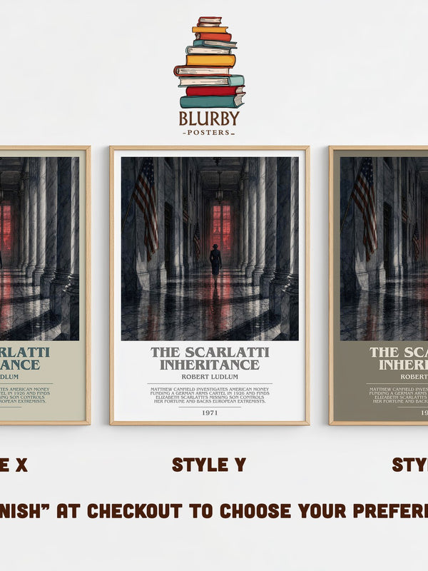 The Scarlatti Inheritance bookish print in frame leaning in hallway – thriller wall art