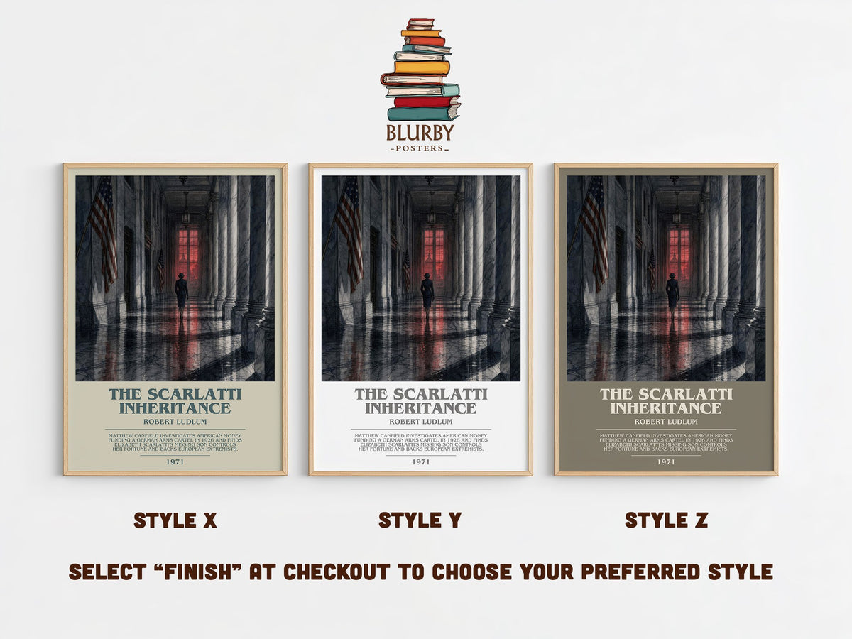 The Scarlatti Inheritance bookish print in frame leaning in hallway – thriller wall art (mockup)
