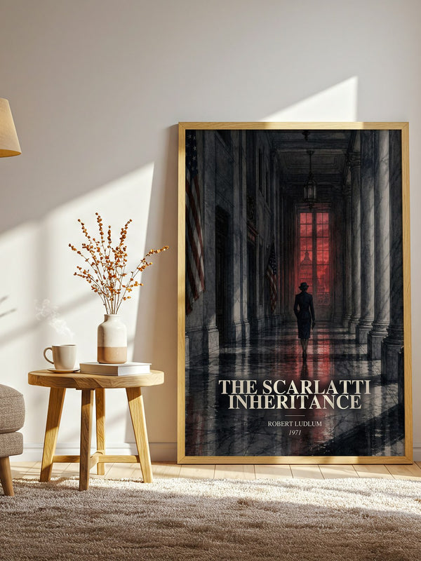 The Scarlatti Inheritance watercolour print in frame leaning in hallway – thriller wall art