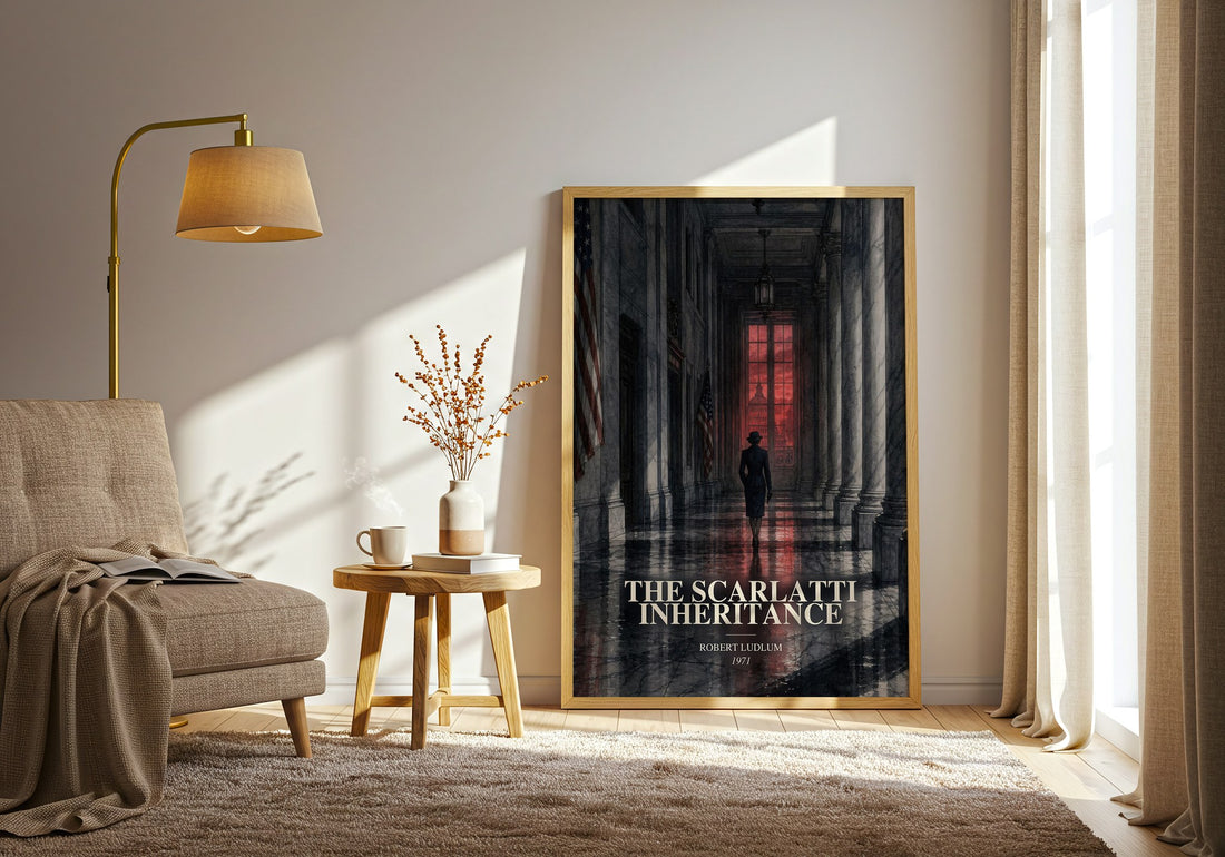 The Scarlatti Inheritance watercolour print in frame leaning in hallway – thriller wall art (mockup)