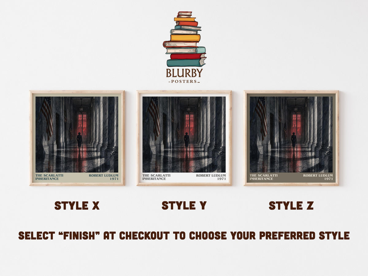 The Scarlatti Inheritance literary print in frame leaning in hallway – thriller wall art (mockup)
