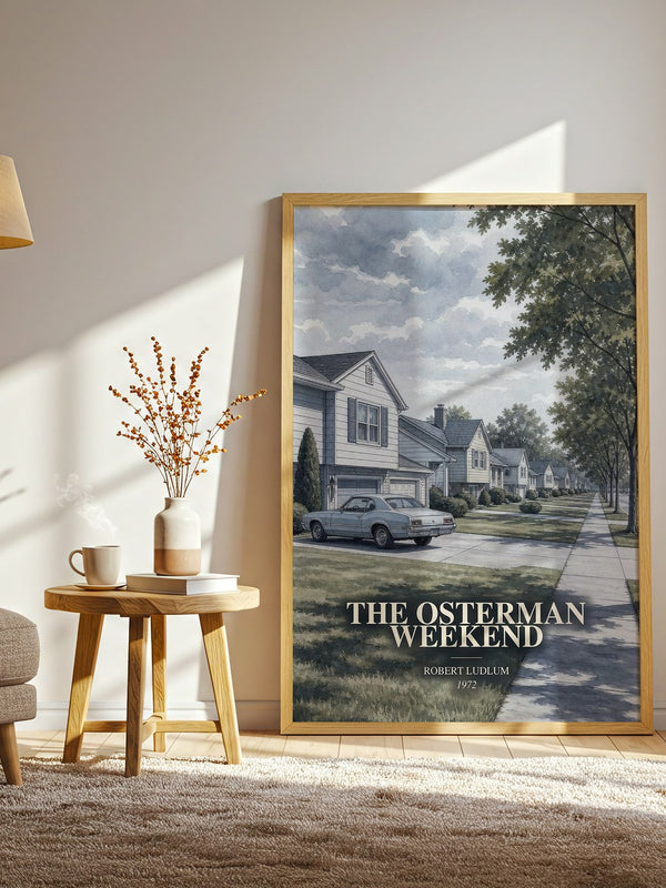 The Osterman Weekend watercolour print in frame leaning in hallway – thriller wall art