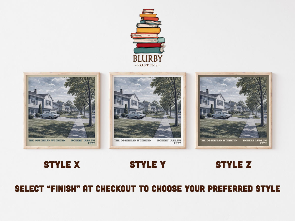 The Osterman Weekend literary print in frame leaning in hallway – thriller wall art (mockup)