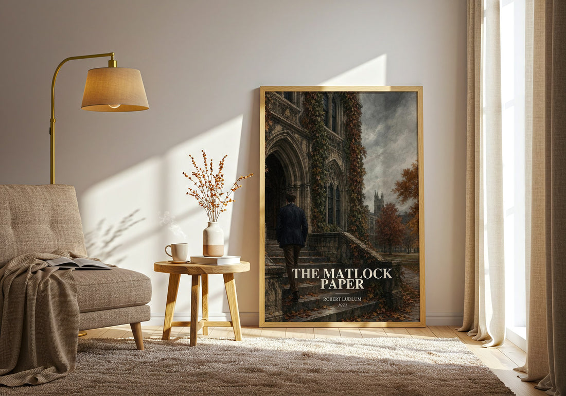 The Matlock Paper watercolour print in frame leaning in hallway – thriller wall art (mockup)
