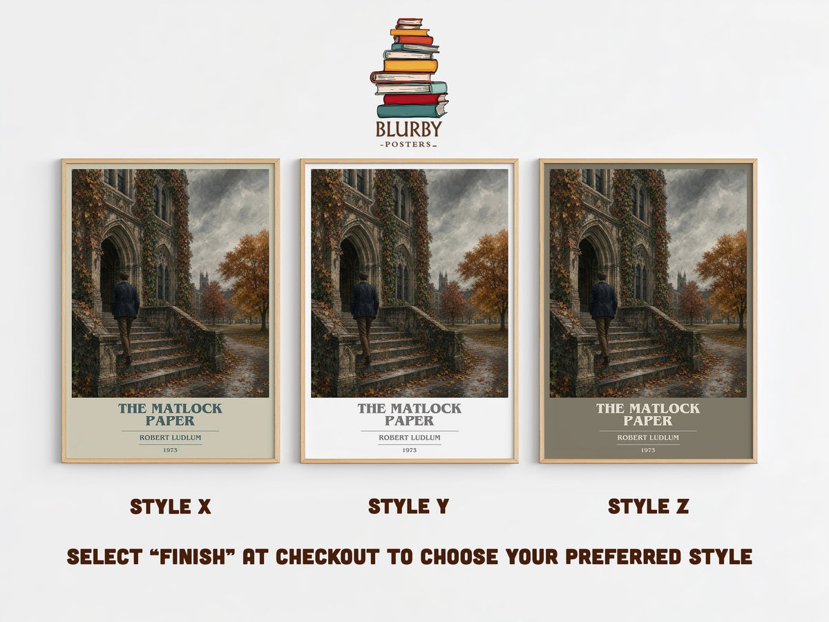 The Matlock Paper book cover print in frame leaning in hallway – thriller wall art (mockup)