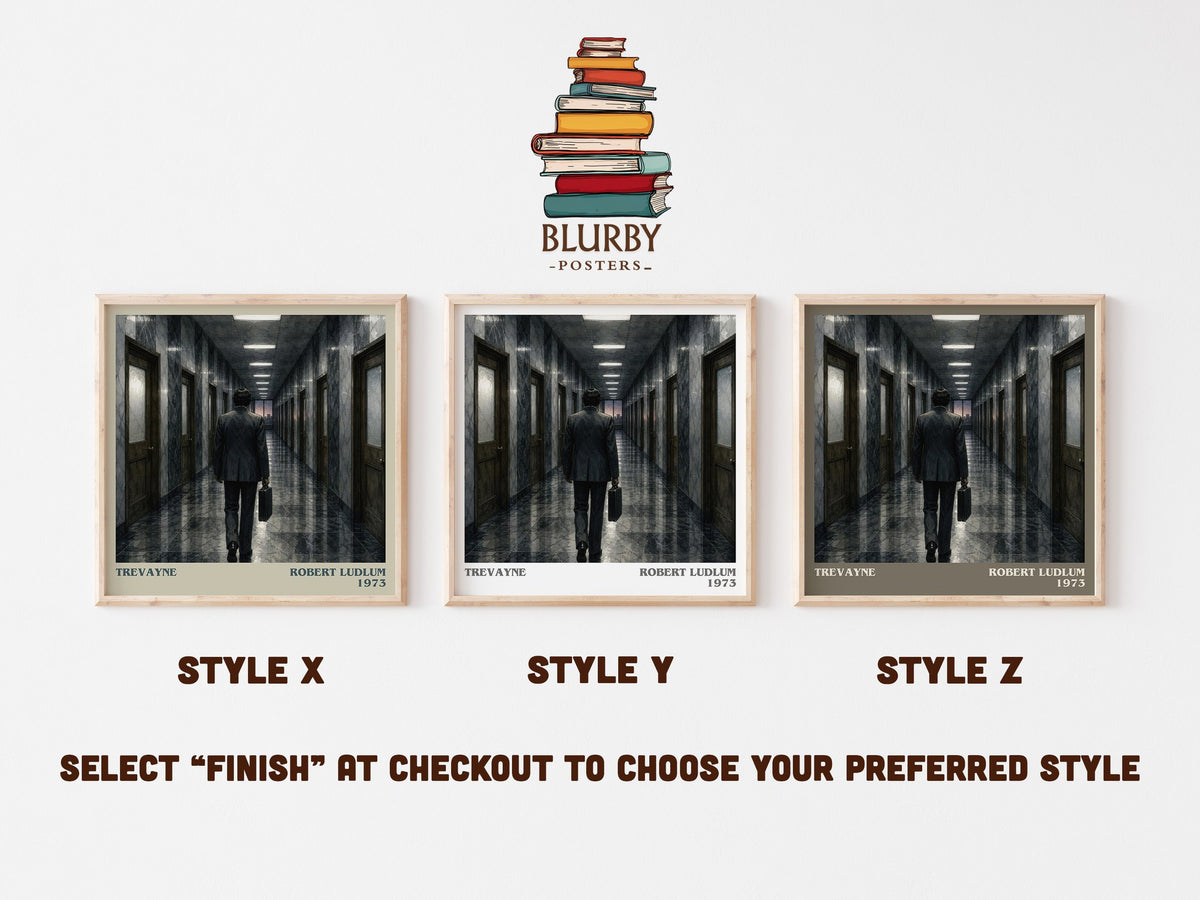 Trevayne literary print in frame leaning in hallway – thriller wall art (mockup)