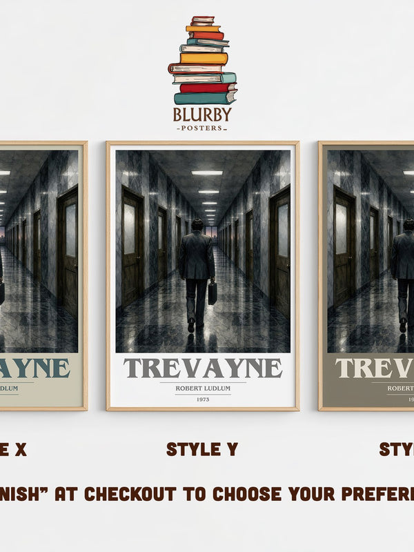 Trevayne book cover print in frame leaning in hallway – thriller wall art
