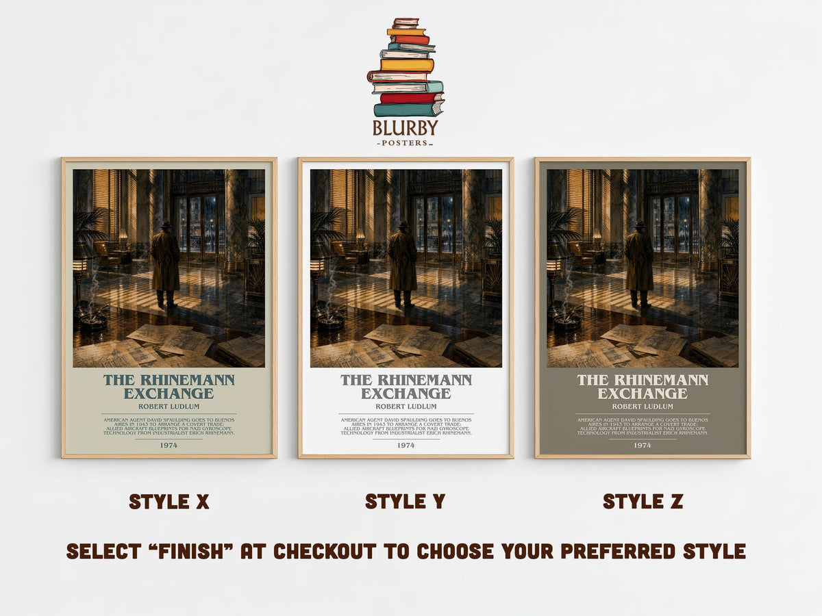 The Rhinemann Exchange bookish print in frame leaning in hallway – thriller wall art (mockup)