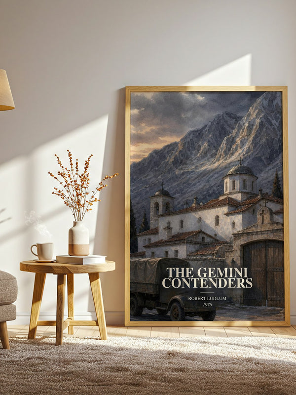 The Gemini Contenders watercolour print in frame leaning in hallway – thriller wall art