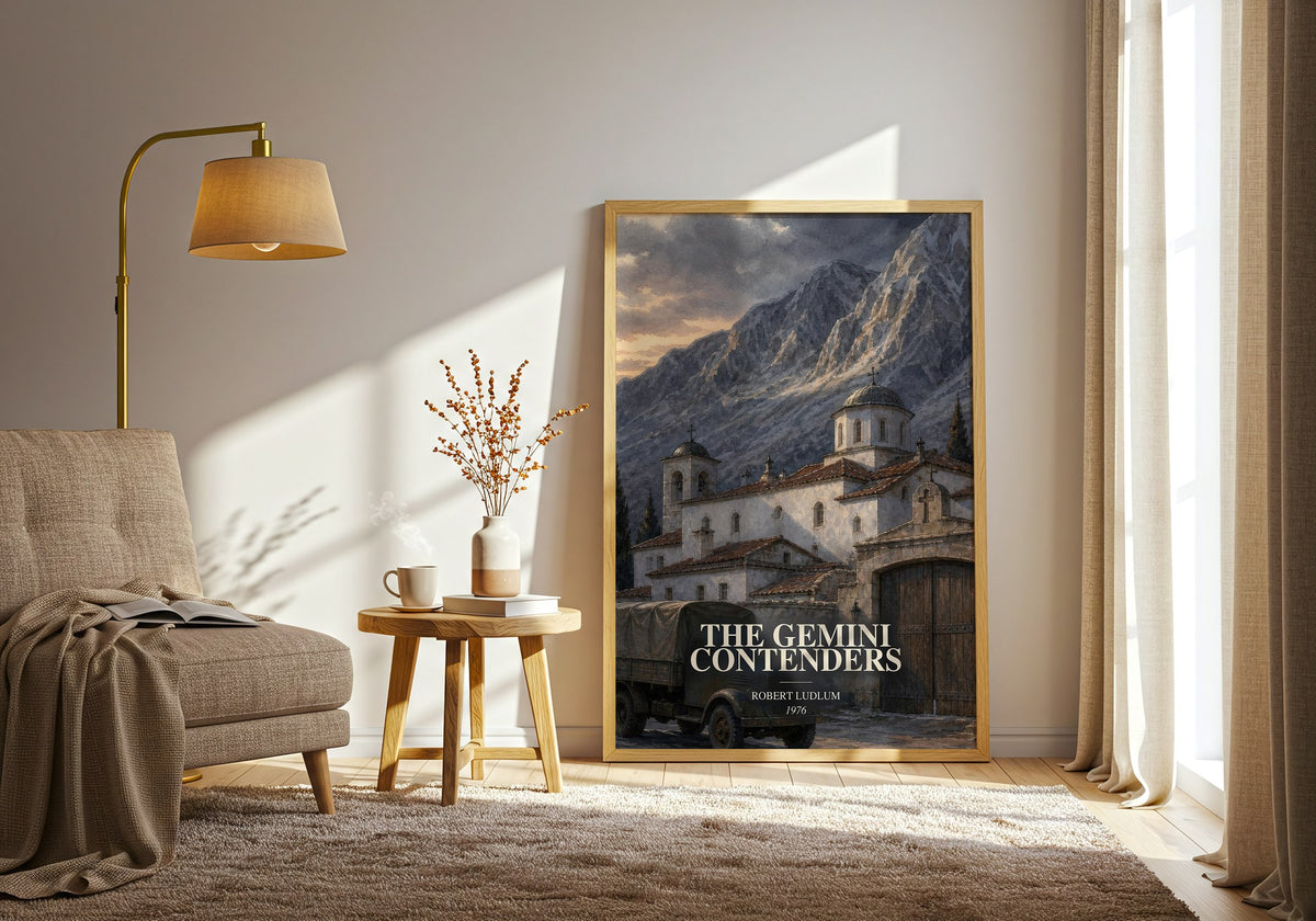 The Gemini Contenders watercolour print in frame leaning in hallway – thriller wall art (mockup)