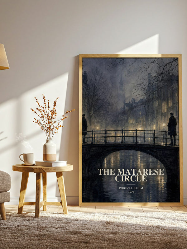 The Matarese Circle watercolour print in frame leaning in hallway – thriller wall art