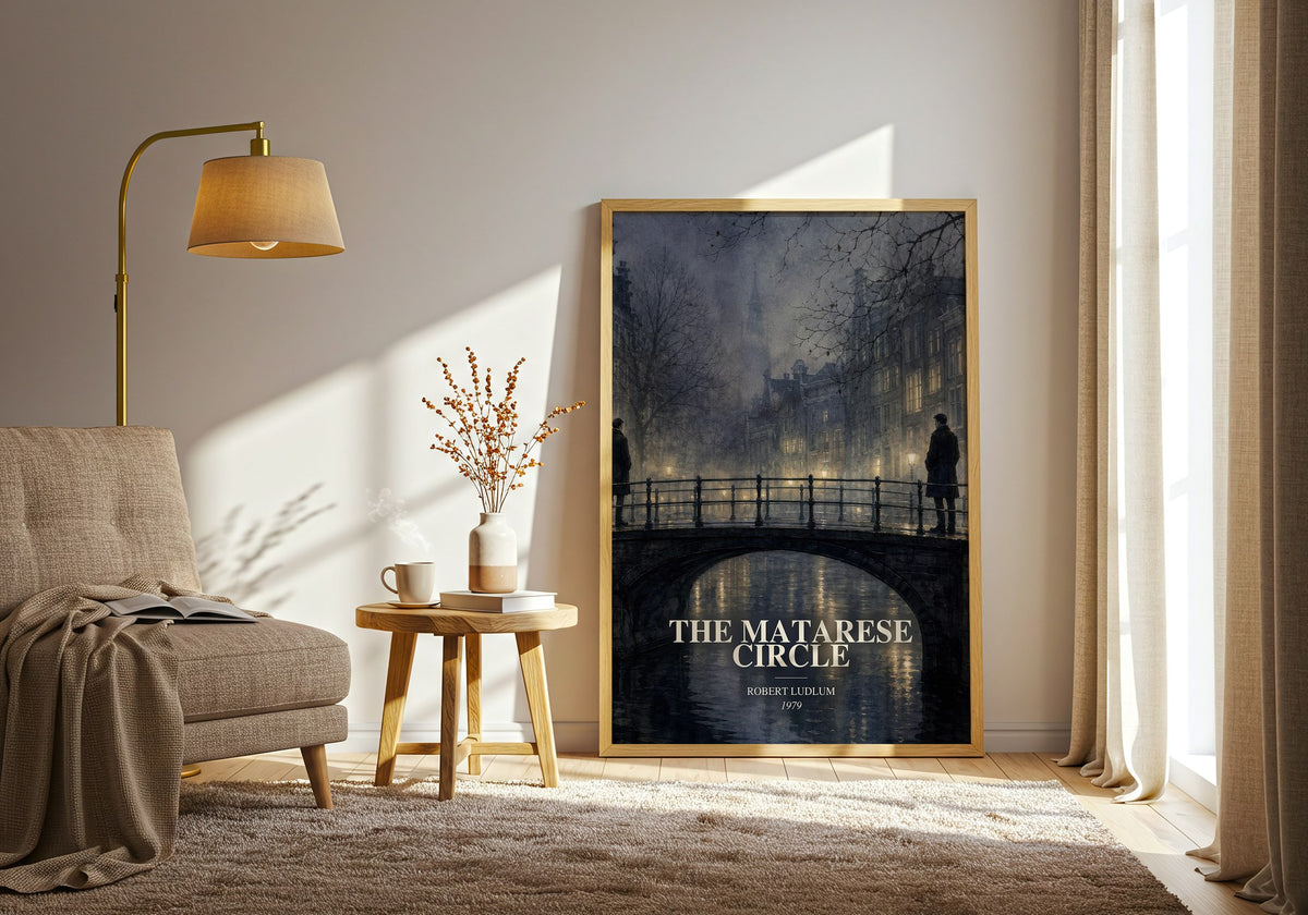 The Matarese Circle watercolour print in frame leaning in hallway – thriller wall art (mockup)