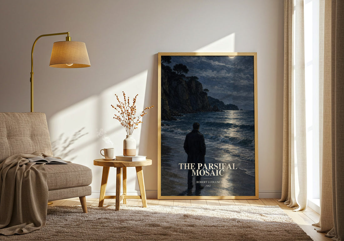 The Parsifal Mosaic watercolour print in frame leaning in hallway – thriller wall art (mockup)