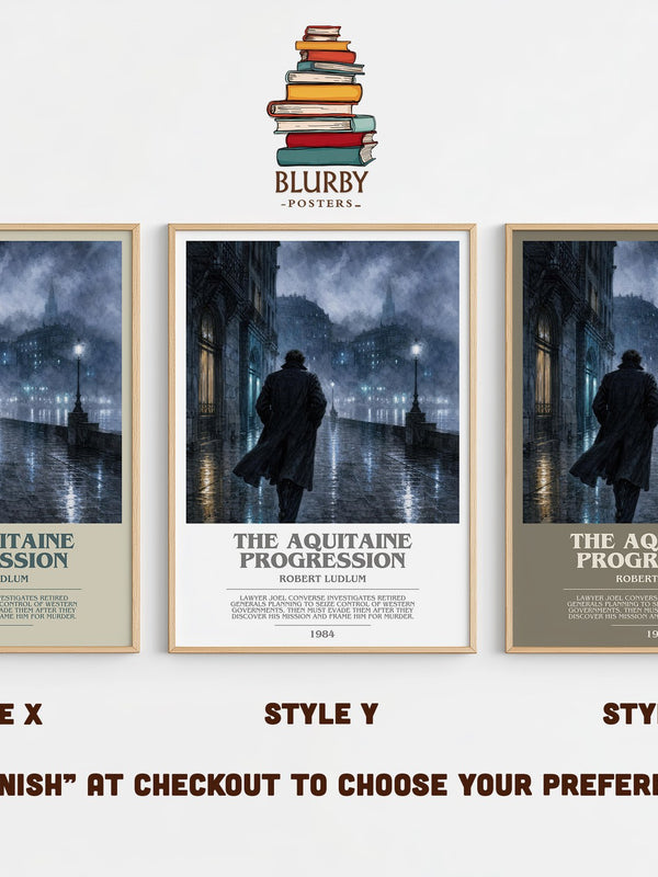 The Aquitaine Progression bookish print in frame leaning in hallway – thriller wall art