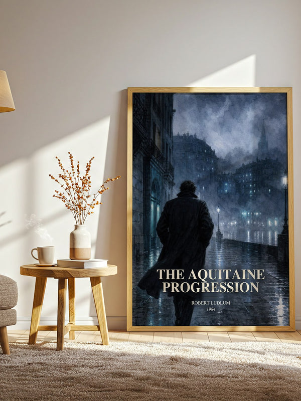 The Aquitaine Progression watercolour print in frame leaning in hallway – thriller wall art