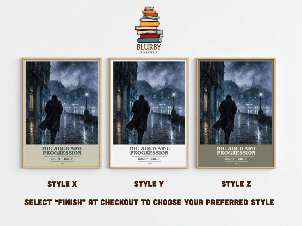 The Aquitaine Progression book cover print in frame leaning in hallway – thriller wall art (mockup)
