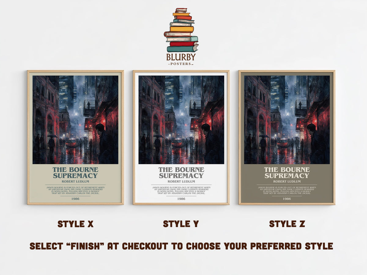 The Bourne Supremacy bookish print in frame leaning in hallway – thriller wall art (mockup)
