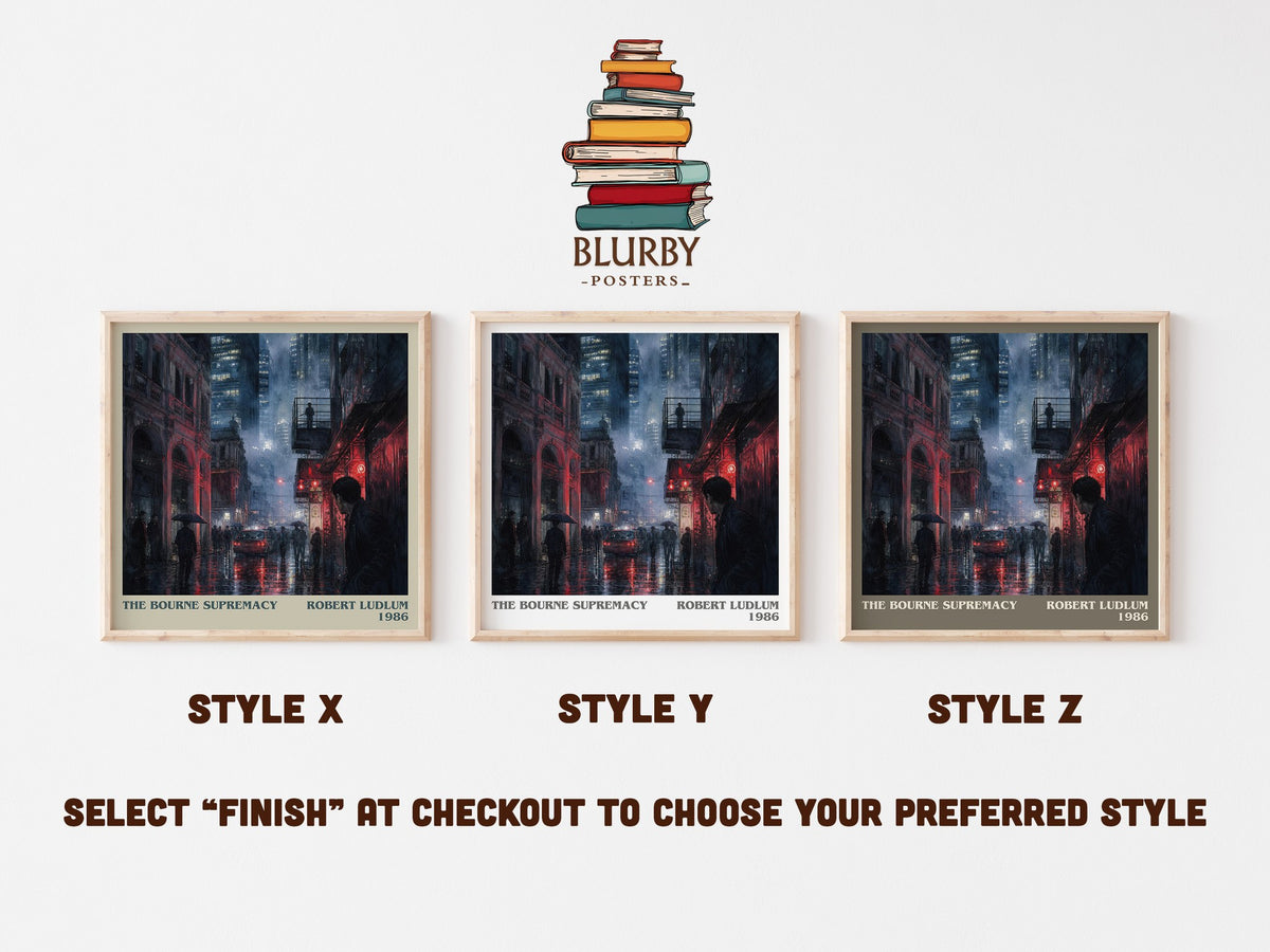The Bourne Supremacy literary print in frame leaning in hallway – thriller wall art (mockup)