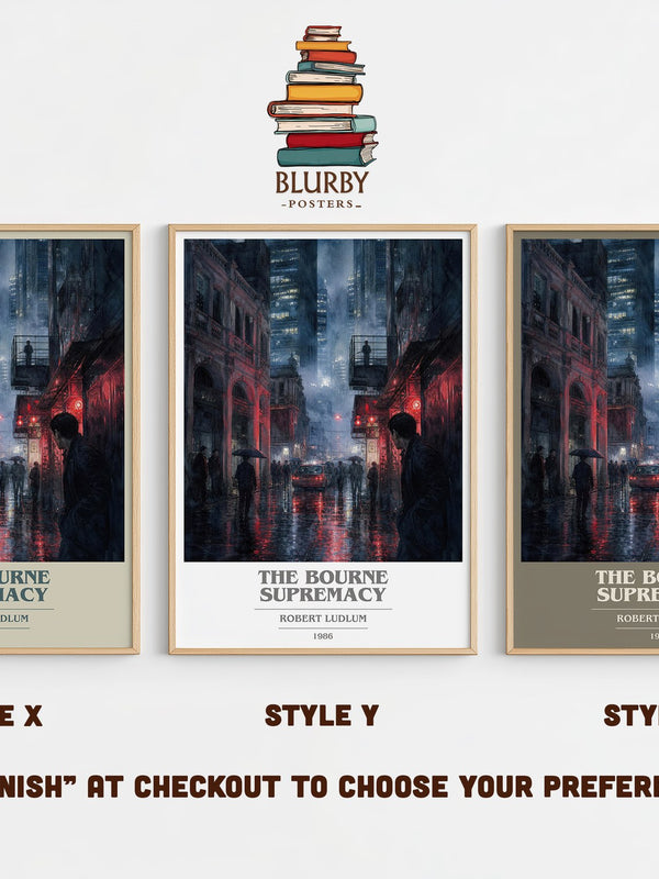 The Bourne Supremacy book cover print in frame leaning in hallway – thriller wall art