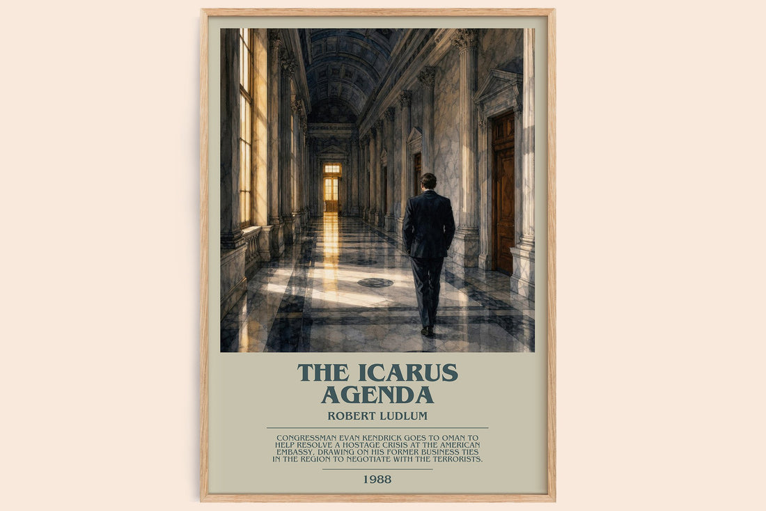The Icarus Agenda bookish book poster by Robert Ludlum – framed literary art print