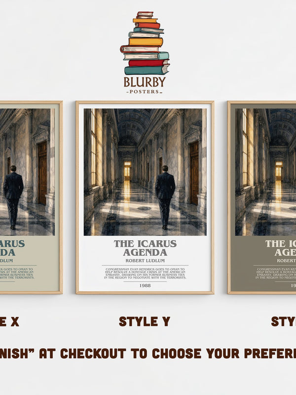 The Icarus Agenda bookish print in frame leaning in hallway – thriller wall art