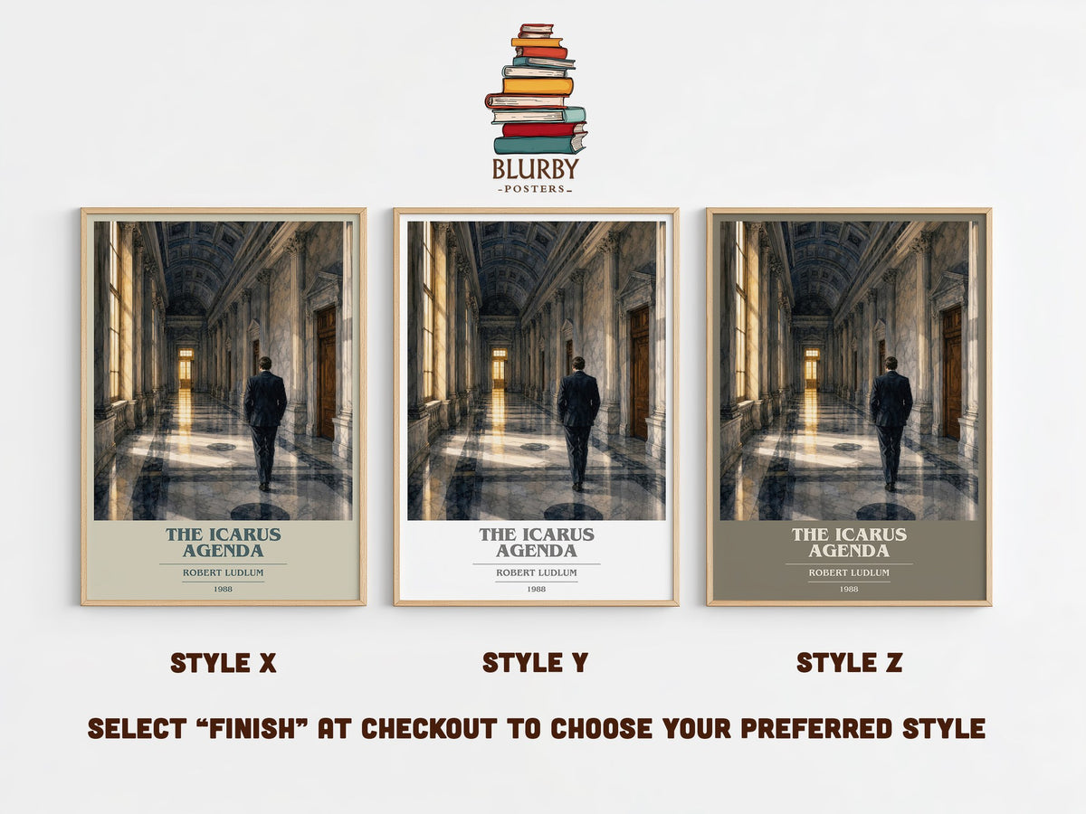The Icarus Agenda book cover print in frame leaning in hallway – thriller wall art (mockup)