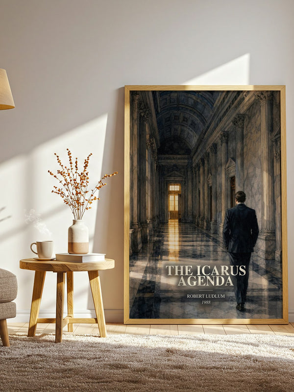 The Icarus Agenda watercolour print in frame leaning in hallway – thriller wall art