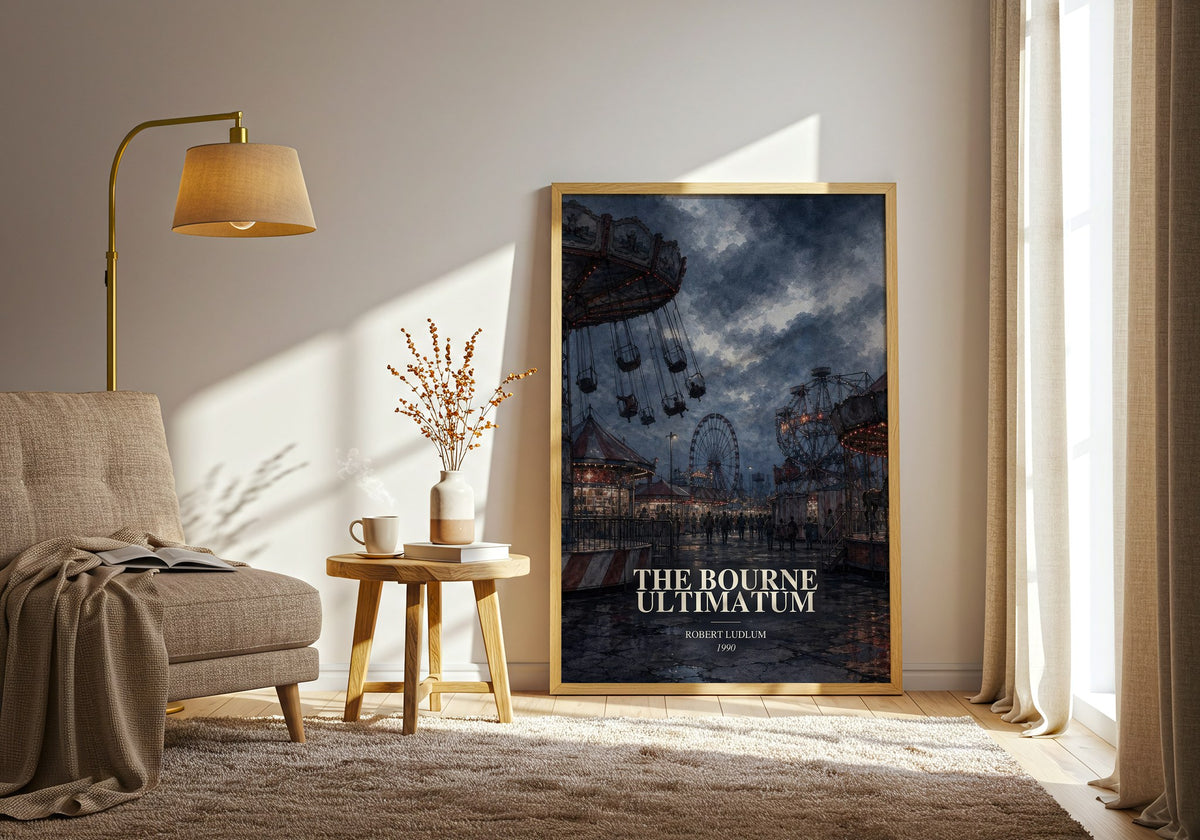 The Bourne Ultimatum watercolour print in frame leaning in hallway – thriller wall art (mockup)